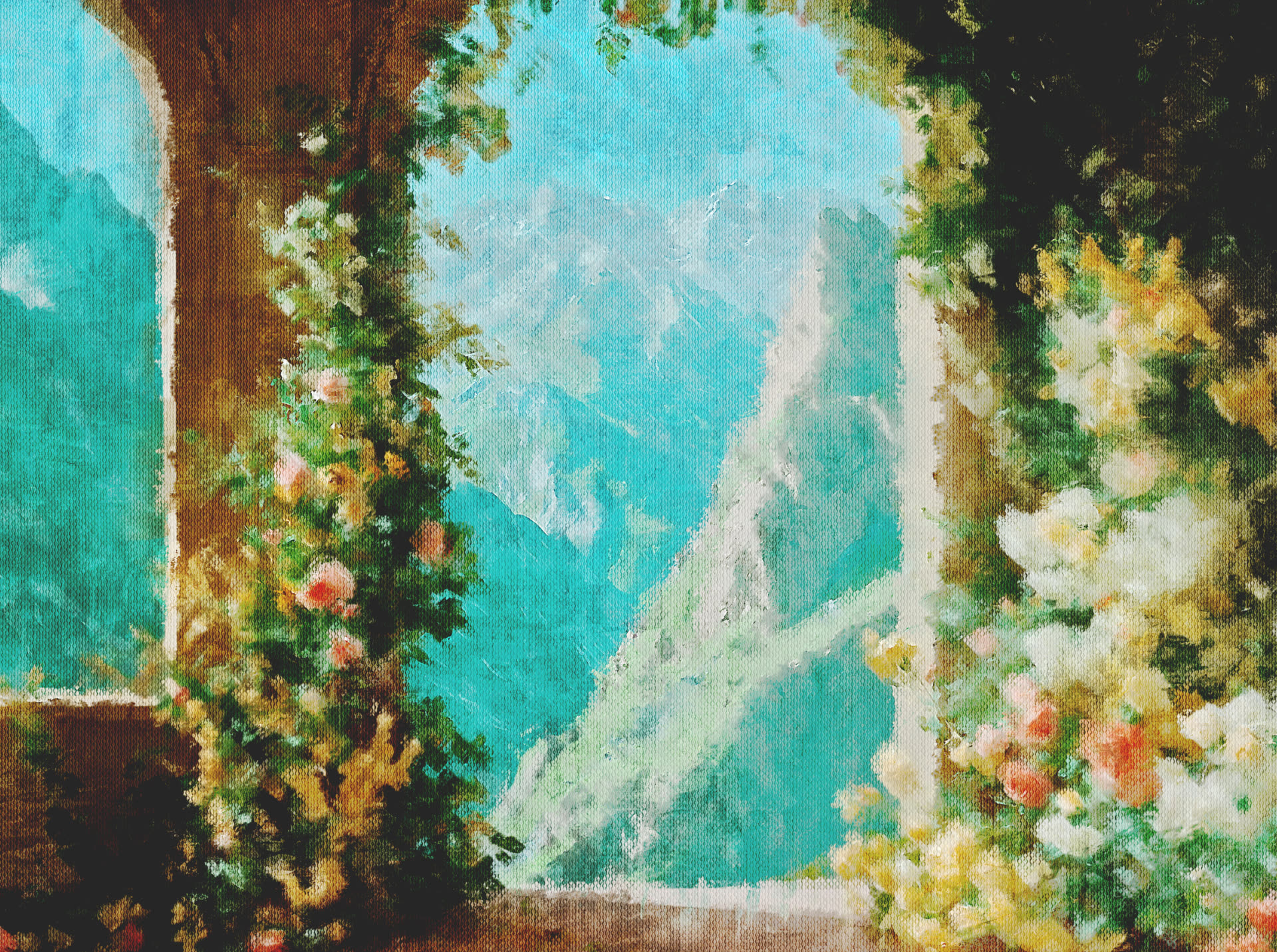 Oil painting of a stone archway opening onto a sunlit landscape