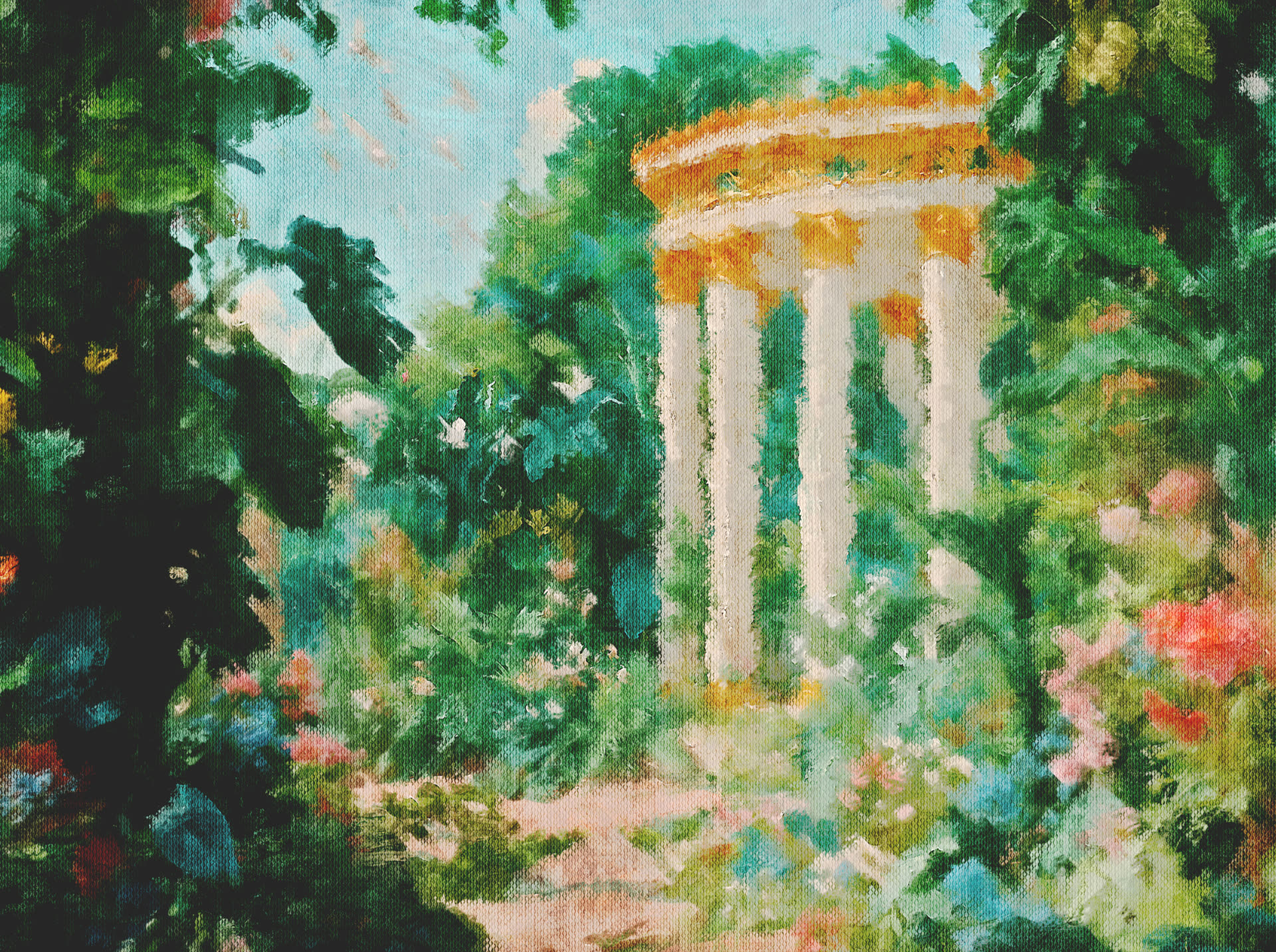Oil painting of a classical garden temple surrounded by lush foliage