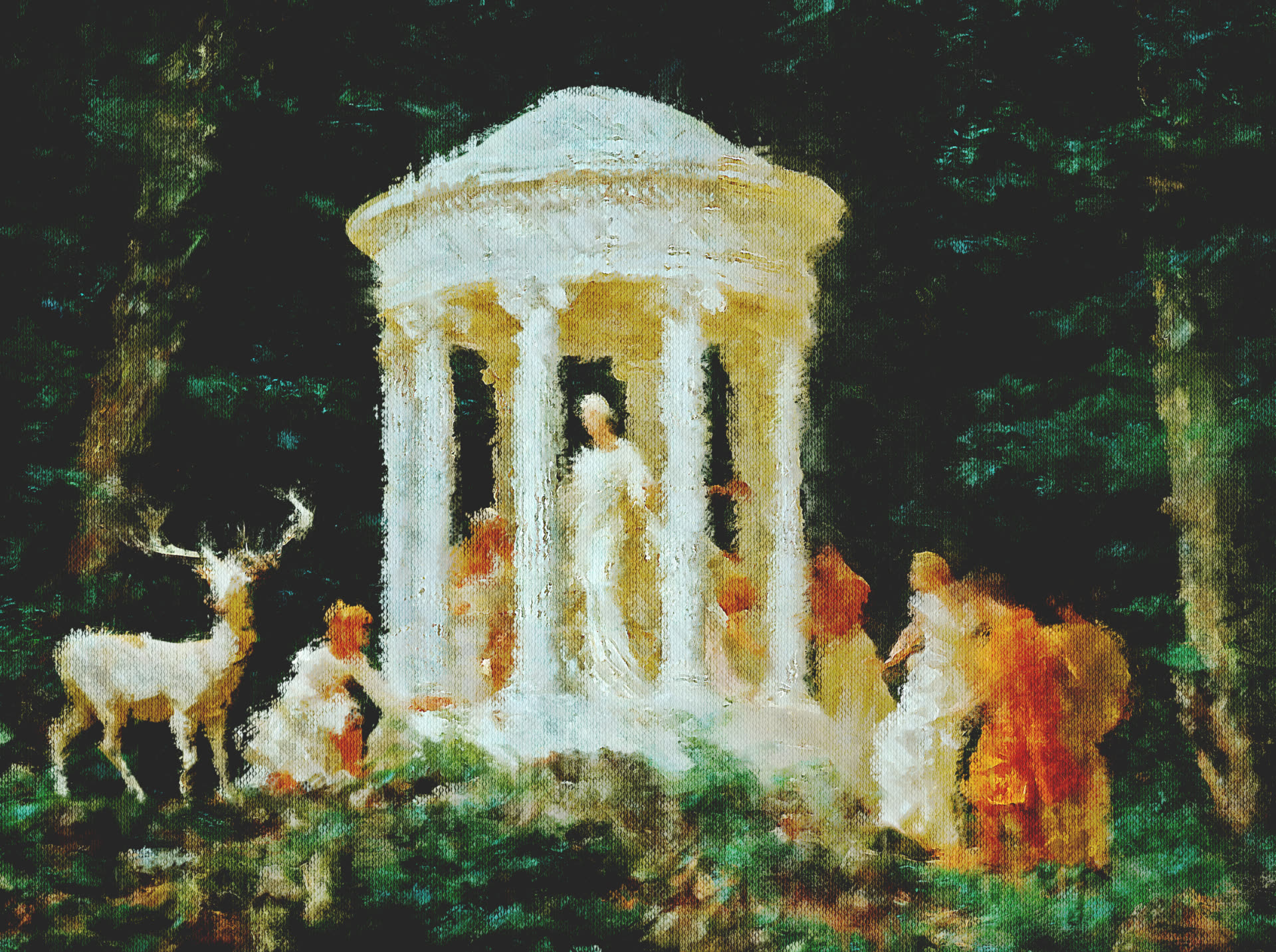 Oil painting of figures gathered near a classical temple in a garden